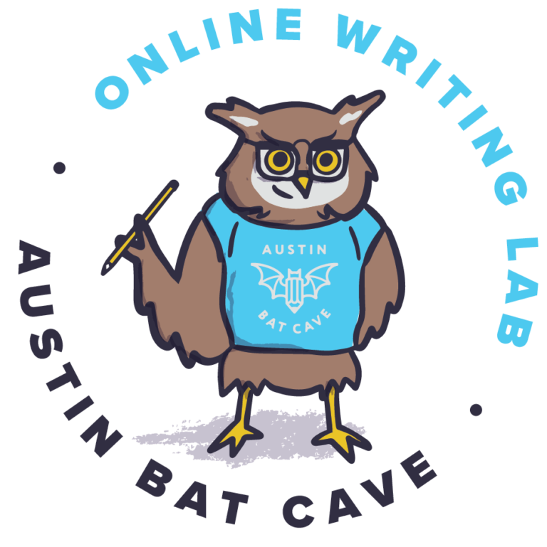 Owliver, the brown OWL wears a light blue Austin Bat Cave t-shirt and black glasses and holds a pencil, ready to write! Around him, the text in light blue and black reads, “Online Writing Lab, Austin Bat Cave.”