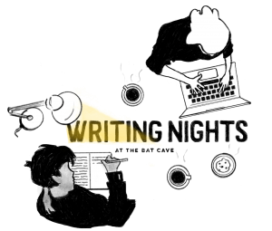 Black & white illustration of female typing on laptop and male writing in a journal. There is a snack and both have coffee cups.
