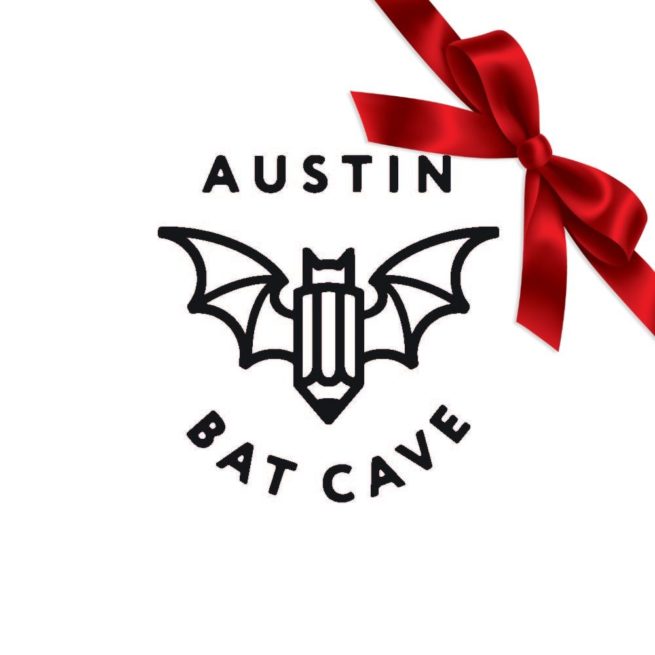 Image is a black and white logo with the words Austin Bat Cave and a bat illustration in the middle. A bright red ribbon is tied in the upper right hand corner.