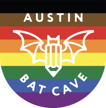 Image is of Austin Bat Cave's pride logo. A bat and the words Austin Bat Cave are featured with a striped background. Stripe colors are black, brown, red, orange, yellow, green, blue and purple.